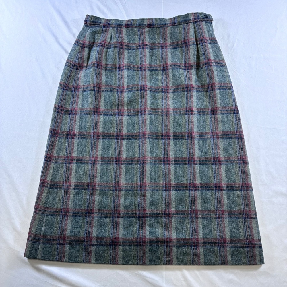 Vintage Pendleton Wool Plaid Midi Skirt Grey Green Burgundy Size 10 M139-212